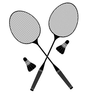 Badminton oynayalım. Badminton raket ve shuttlecocks beyaz bir arka plan üzerinde siluetleri