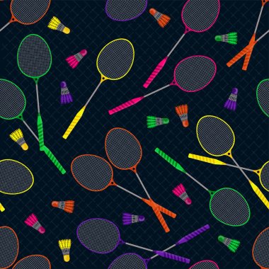 Badminton oynayalım. Badminton raket ve shuttlecocks sorunsuz arka plan. Desen