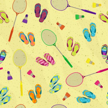 Badminton oynayalım. Badminton raket, plaj terlikleri ve shuttlecocks sorunsuz arka plan. Desen