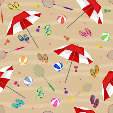 Badminton raket, topları, şemsiye, plaj terlikleri ve shuttlecocks sorunsuz arka plan. Desen