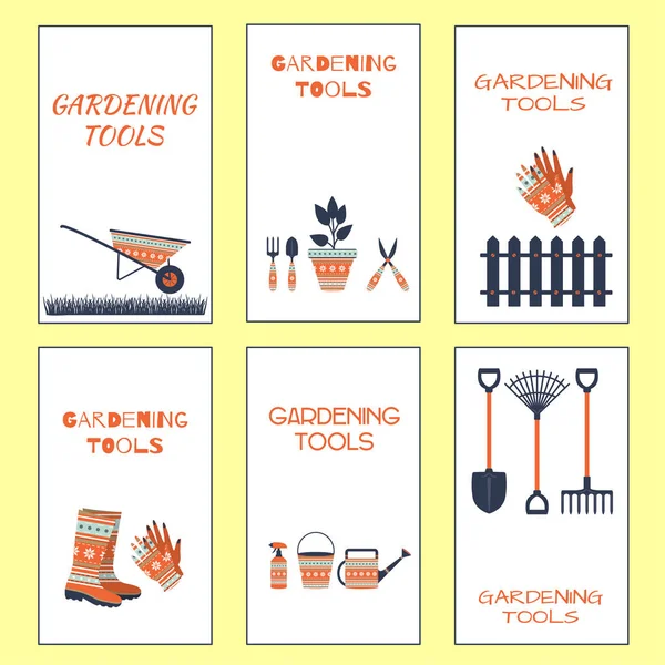 Cartão postal encantador de ferramentas para jardinagem em um fundo branco —  Vetores de Stock