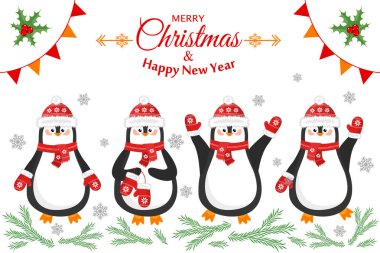 Neşeli Noel ve a mutlu yeni yıl. Kapaklar farklı penguenlerle çok güzel kartpostal