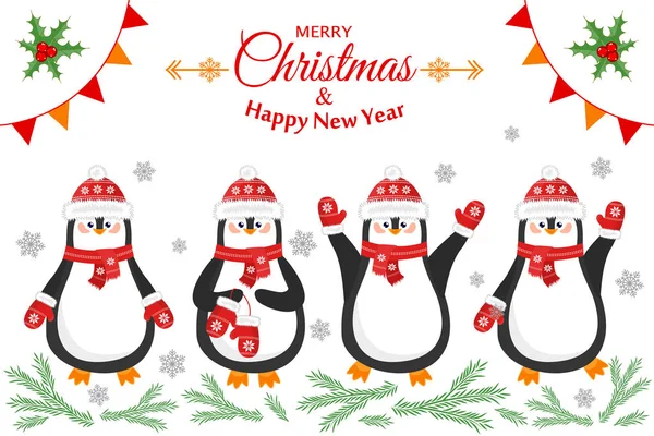 Feliz Navidad y un feliz año nuevo. Bonita postal con diferentes pingüinos en gorras — Vector de stock