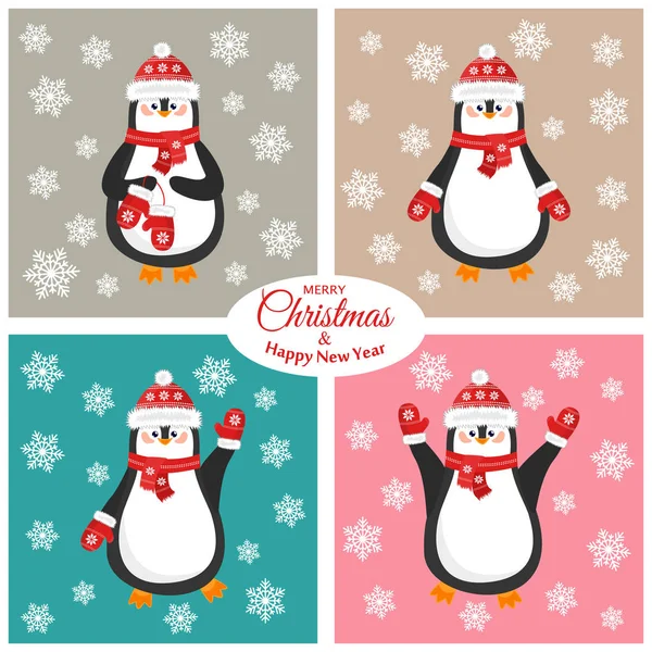 Feliz Natal e um feliz ano novo. Cartão postal encantador com pinguins diferentes em bonés — Vetor de Stock