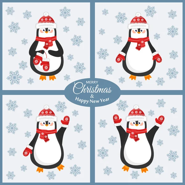 Καλά Χριστούγεννα και Ευτυχισμένο το νέο έτος. Όμορφη καρτ ποστάλ με διαφορετικές πιγκουΐνους σε caps — Διανυσματικό Αρχείο