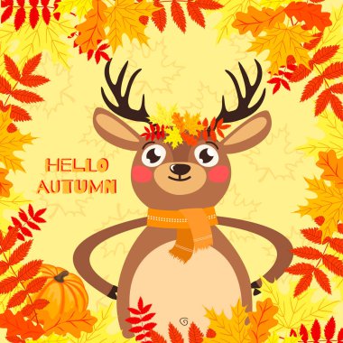 Merhaba, sonbahar. Bir geyik ile güzel parlak kartı