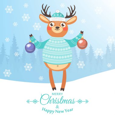 Mutlu yeni yıl ve mutlu Noeller. Bir Ren geyiği ile güzel kartpostal