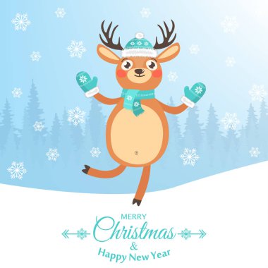 Mutlu yeni yıl ve mutlu Noeller. Bir Ren geyiği ile güzel kartpostal