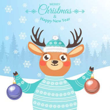 Mutlu yeni yıl ve mutlu Noeller. Bir Ren geyiği ile güzel kartpostal