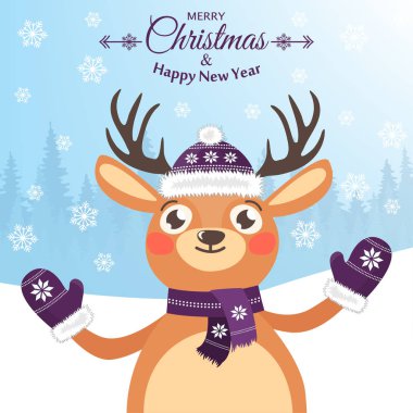 Mutlu yeni yıl ve mutlu Noeller. Bir Ren geyiği ile güzel kartpostal