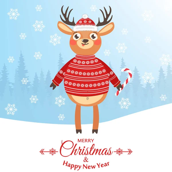 Mutlu yeni yıl ve mutlu Noeller. Bir Ren geyiği ile güzel kartpostal