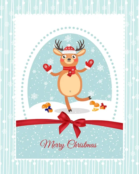 Feliz Año Nuevo y Feliz Navidad. Bonita postal con un reno — Vector de stock