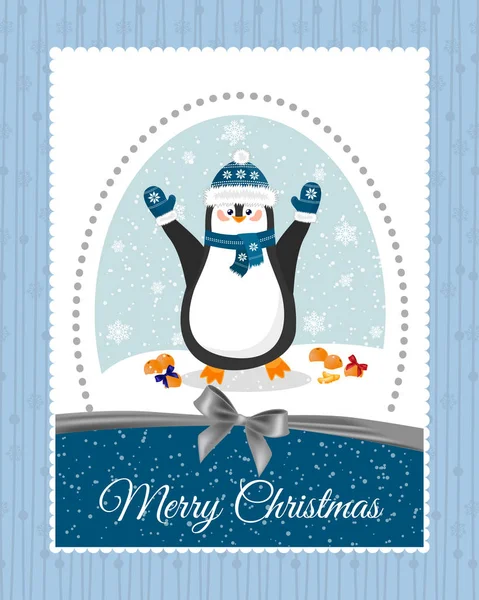 Feliz Navidad y un feliz año nuevo. Bonita postal con un pingüino en un sombrero — Vector de stock