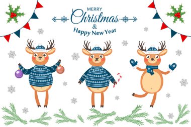 Mutlu yeni yıl ve mutlu Noeller. Reindeers ile güzel kartpostal