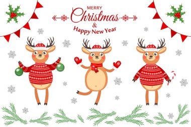 Mutlu yeni yıl ve mutlu Noeller. Reindeers ile güzel kartpostal