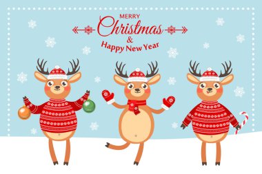 Mutlu yeni yıl ve mutlu Noeller. Reindeers ile güzel kartpostal