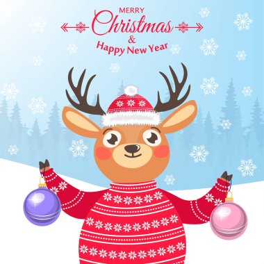 Mutlu yeni yıl ve mutlu Noeller. Bir Ren geyiği ile güzel kartpostal