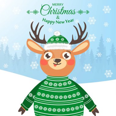 Mutlu yeni yıl ve mutlu Noeller. Bir Ren geyiği ile güzel kartpostal