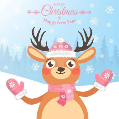 Mutlu yeni yıl ve mutlu Noeller. Bir Ren geyiği ile güzel kartpostal