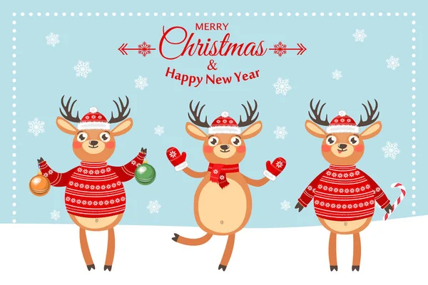 Happy New Year and Merry Christmas. Lovely postcard with reindeers — Stock Vector