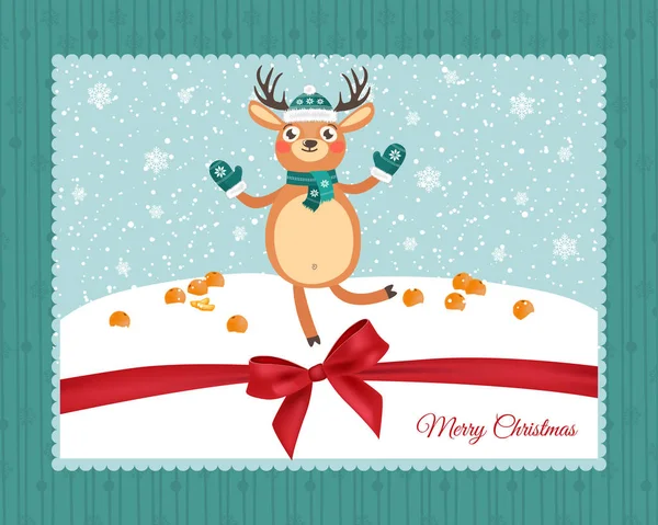 Feliz Ano Novo e Feliz Natal. Cartão postal encantador com renas — Vetor de Stock