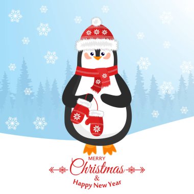 Neşeli Noel ve a mutlu yeni yıl. Şapkalı bir penguen ile güzel kartpostal