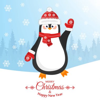 Neşeli Noel ve a mutlu yeni yıl. Şapkalı bir penguen ile güzel kartpostal