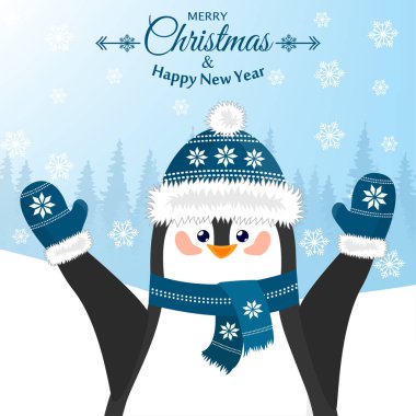 Neşeli Noel ve a mutlu yeni yıl. Şapkalı bir penguen ile güzel kartpostal