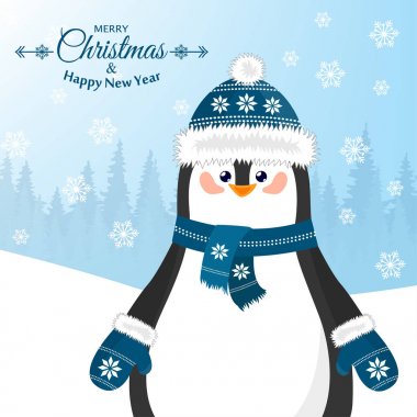 Neşeli Noel ve a mutlu yeni yıl. Şapkalı bir penguen ile güzel kartpostal