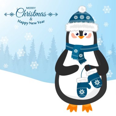 Neşeli Noel ve a mutlu yeni yıl. Şapkalı bir penguen ile güzel kartpostal