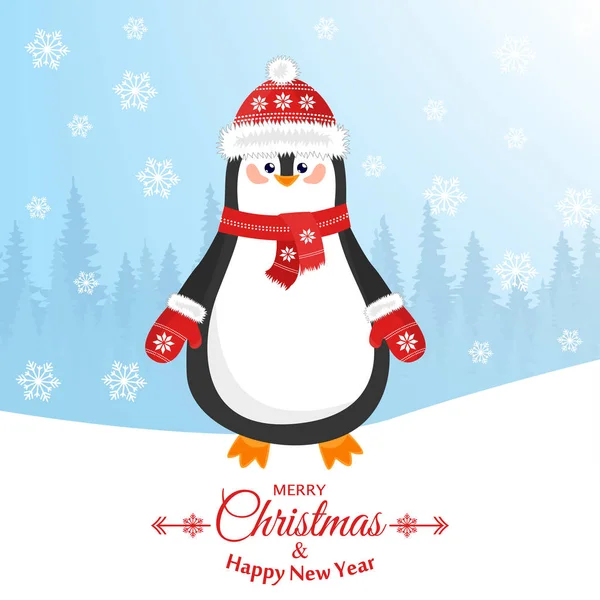 Feliz Navidad y un feliz año nuevo. Bonita postal con un pingüino en un sombrero — Vector de stock