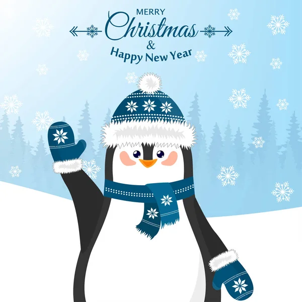 Feliz Navidad y un feliz año nuevo. Bonita postal con un pingüino en un sombrero — Vector de stock