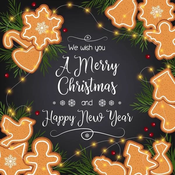 Neşeli Noel ve a mutlu yeni yıl. Zencefilli kurabiye ile güzel tebrik kartı
