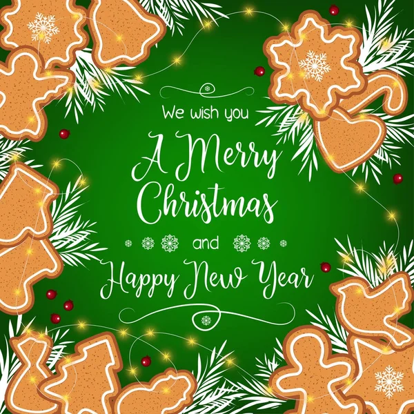 Neşeli Noel ve a mutlu yeni yıl. Zencefilli kurabiye ile güzel tebrik kartı
