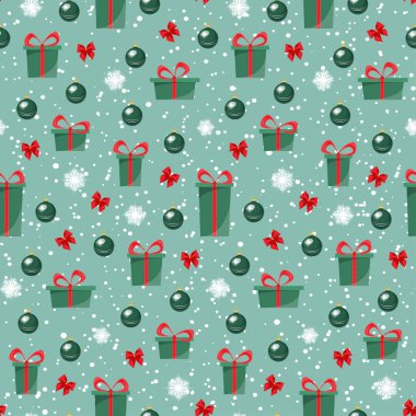 Noel hediyeleri ve cam topları ile sorunsuz arka plan. Desen