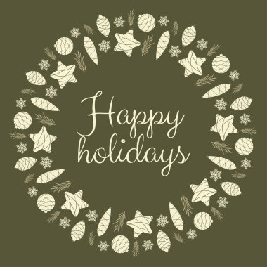 İyi Bayramlar. Festival çelenk şeklinde Noel oyuncaklar kartından