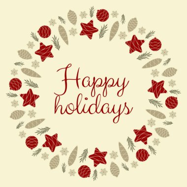 İyi Bayramlar. Festival çelenk şeklinde Noel oyuncaklar kartından