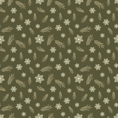 İyi Bayramlar. Çam dalları ve kar taneleri ile sorunsuz arka plan. Desen