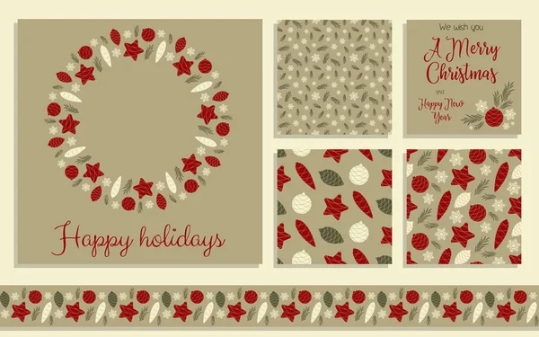クリスマス カードとパターンのセット。楽しい休暇をお過ごしください — ストックベクタ