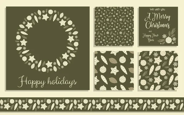 クリスマス カードとパターンのセット。楽しい休暇をお過ごしください — ストックベクタ