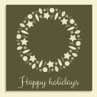 İyi Bayramlar. Festival çelenk şeklinde Noel oyuncaklar kartından