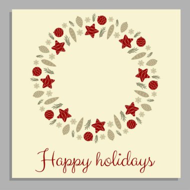 İyi Bayramlar. Festival çelenk şeklinde Noel oyuncaklar kartından