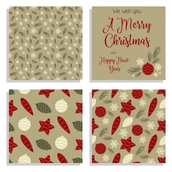 Un conjunto de tarjetas y patrones de Navidad. Felices Fiestas — Vector de stock