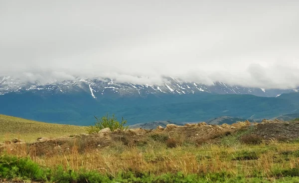 Neve nublada coberto pico de montanha. Altai, Rússia — Fotografia de Stock