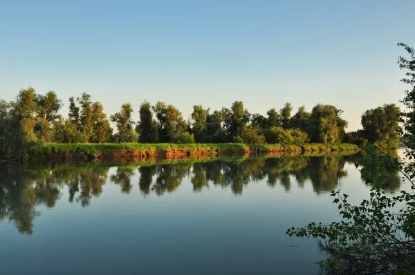 Tranquil nature scene. Water surface and green shores of the river Ob in soft evening sunset colors. Altai, Russia. — Stock Photo, Image