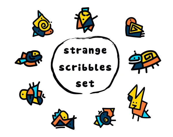 Garip eğri ayarlayın. Doodle çizimler. Logosunu görmeniz gerekir. Simgeler. Asimetrik. Çocuk.