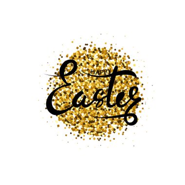 Mutlu paskalyalar. Vektör yazı altın parçacıkları ile. Beyaz arka plan üzerinde izole. El mutlu Paskalya ifade yazılı. Modern hat tarzı yazı. Dini bayram tasarım öğesi.