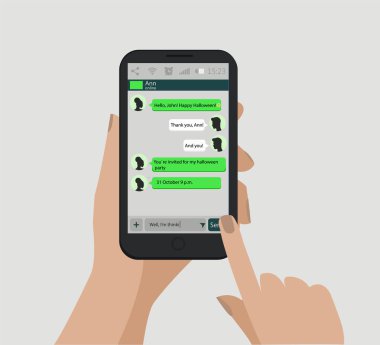 Akıllı telefon holding eller. Sosyal ağ kavramı. Vektör. Haberci pencere. Kastamonuda ve ileti kavramı.