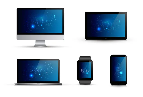 Conjunto de aparatos electrónicos realistas. Fondo de pantalla azul abstracto. Monitor de computadora, portátil, reloj inteligente, teléfono móvil, tableta. Ilustración vectorial aislada. Plantilla simulada . — Vector de stock