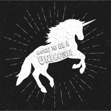 Tek boynuzlu bir at olmak için doğmuşum. Vektör çizim, eps10. Metin ile izole soyut tek boynuzlu at siluet.